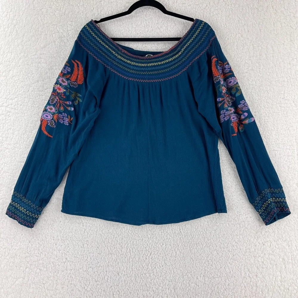 Umgee Top Womens Medium Blue Floral‎ Embroidered Off Shoulder Long Sleeve Boho